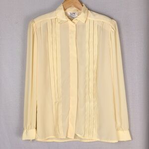 VINTAGE Women's Pale Yellow Pleated Long Sleeve Blouse